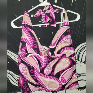 Faded Glory Black and Pink Paisley Halter Swim Top